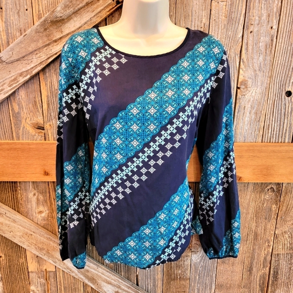 Talbots Popover Top Womens Career Casual Blue Lyocell GEOMETRIC Long Sleeve M.